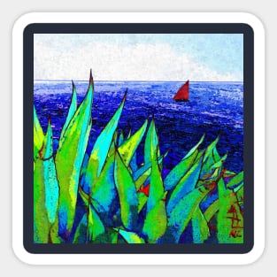 Agave Plant Seascape Red Sail Sailboat Sailing Painting Sticker